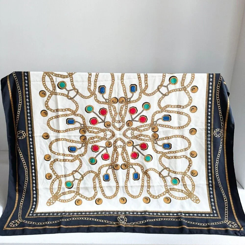 Vintage Chain Coin Jewel Print Large Colourful  Scarf